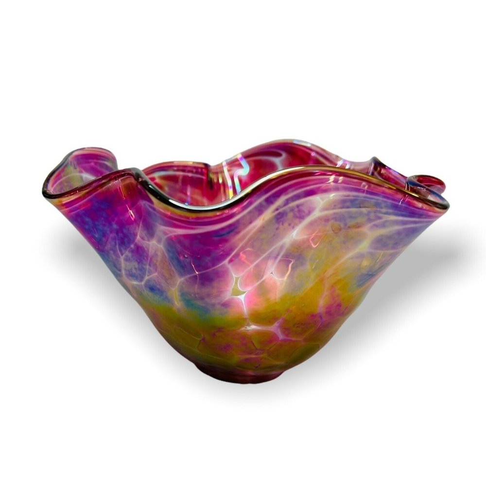 Glass Eye Studio Hand Blown Art Glass Bowl Iridescent Pink Purple Ruffled Edge